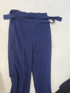 High-Waist Tie Belt Women’s Pants - Navy